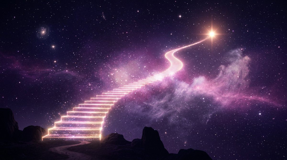 Ilustrasi tangga cahaya yang menanjak menuju sebuah bintang bersinar di langit malam ungu