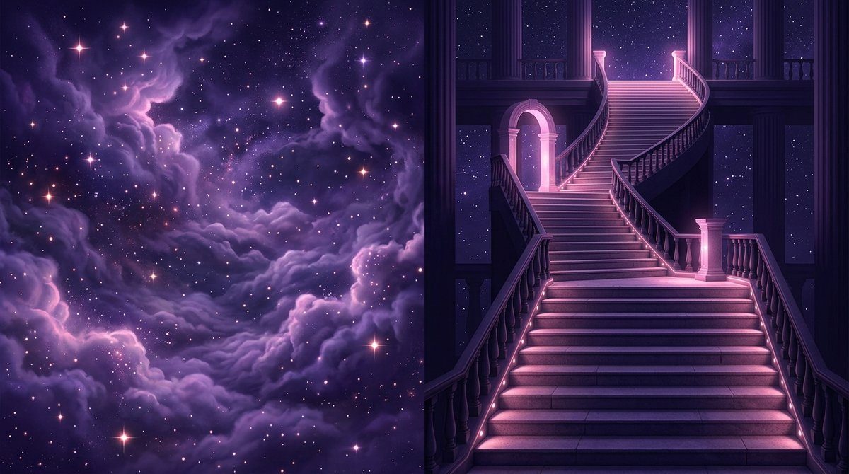 Ilustrasi kontras antara awan mimpi yang lembut dan tangga rencana bertingkat yang tertata, nuansa ungu dan pink