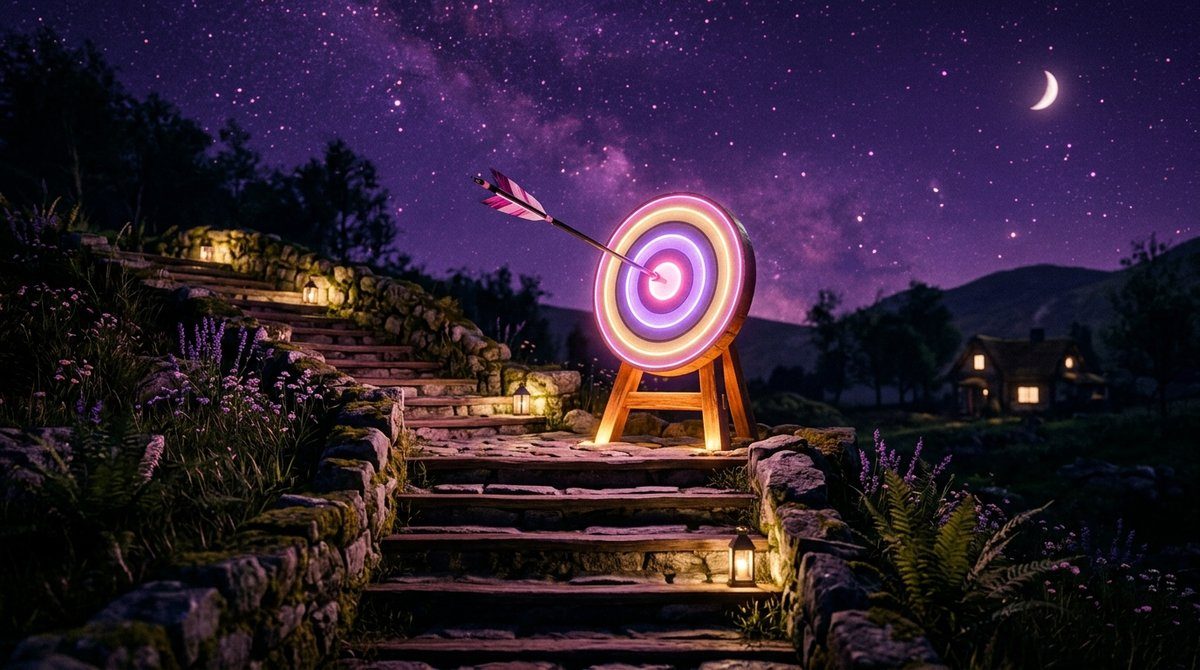 Ilustrasi panah mengenai titik target di atas anak tangga kemajuan, langit malam ungu dengan sorotan pink lembut